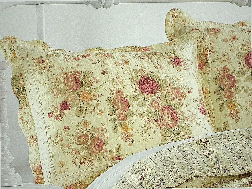 ANTIQUE ROSE QUILTED * King * SHAM : CHIC COTTAGE CREAM YELLOW SHABBY RED ROSES