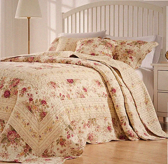 ANTIQUE ROSE XXL 3p Cal King BEDSPREAD QUILT SET : YELLOW SHABBY VINTAGE COTTAGE