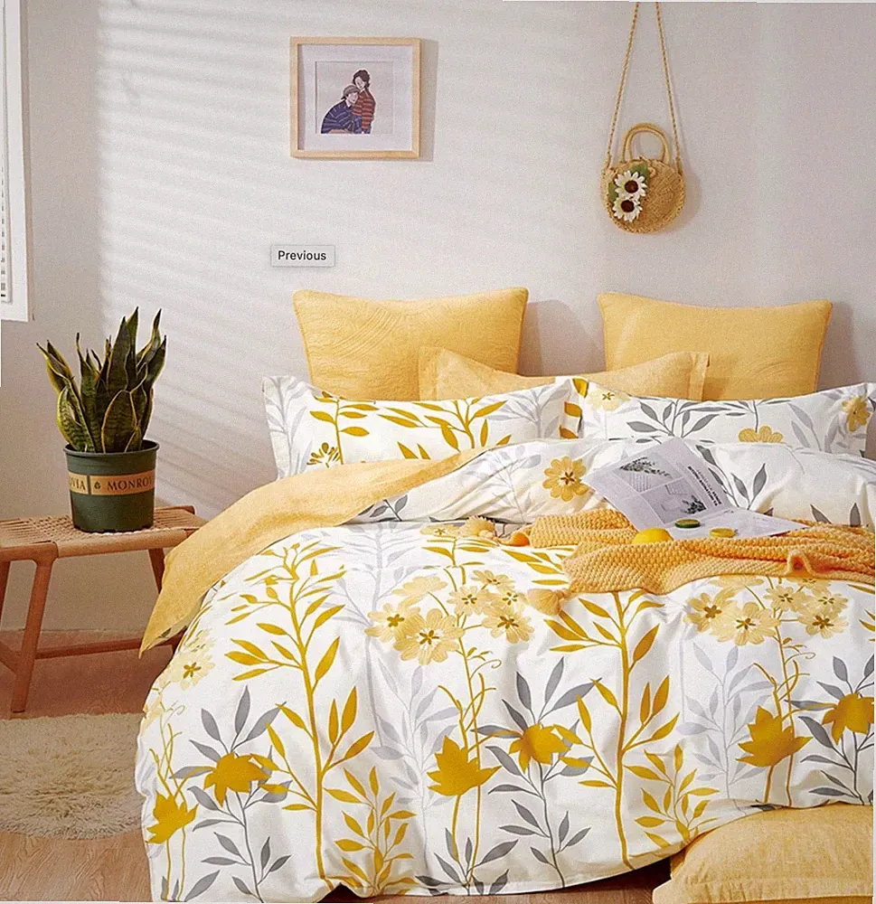 Autumn Yellow Floral Bedding Cotton Reversible Comforter Set Twin Boho Chic