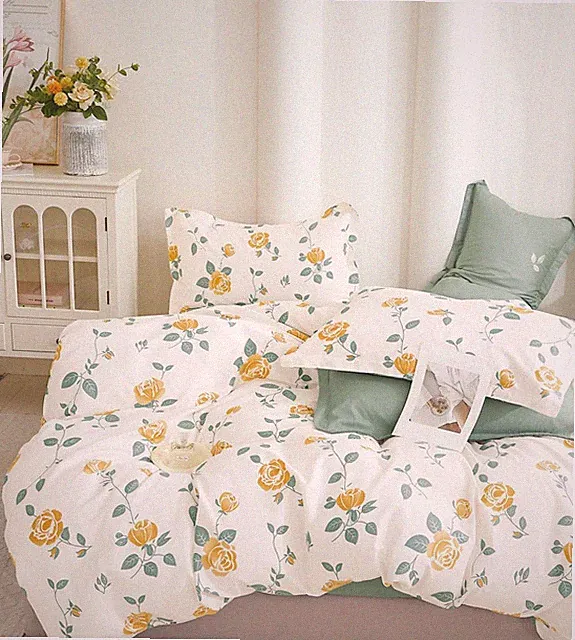 Boom Casa Yellow Green Rose Floral 100% Cotton Reversible Comforter Set Queen