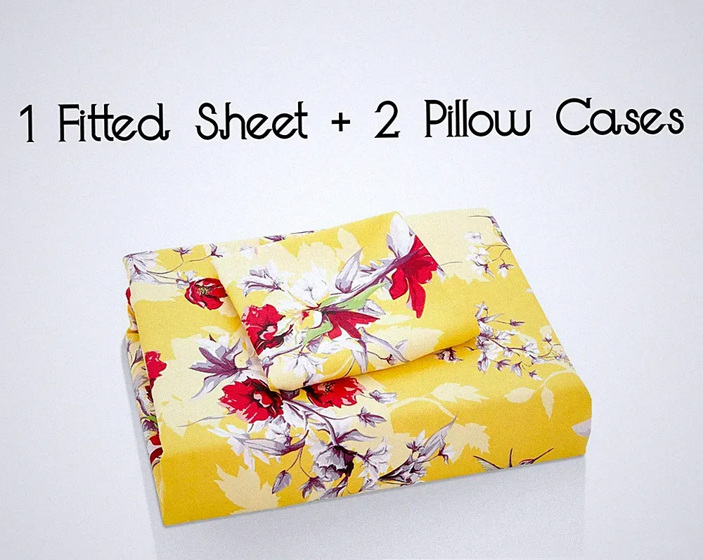 DaDa Bedding Bright Sunshine Yellow Hummingbirds Floral Garden Fitted Bed Sheet