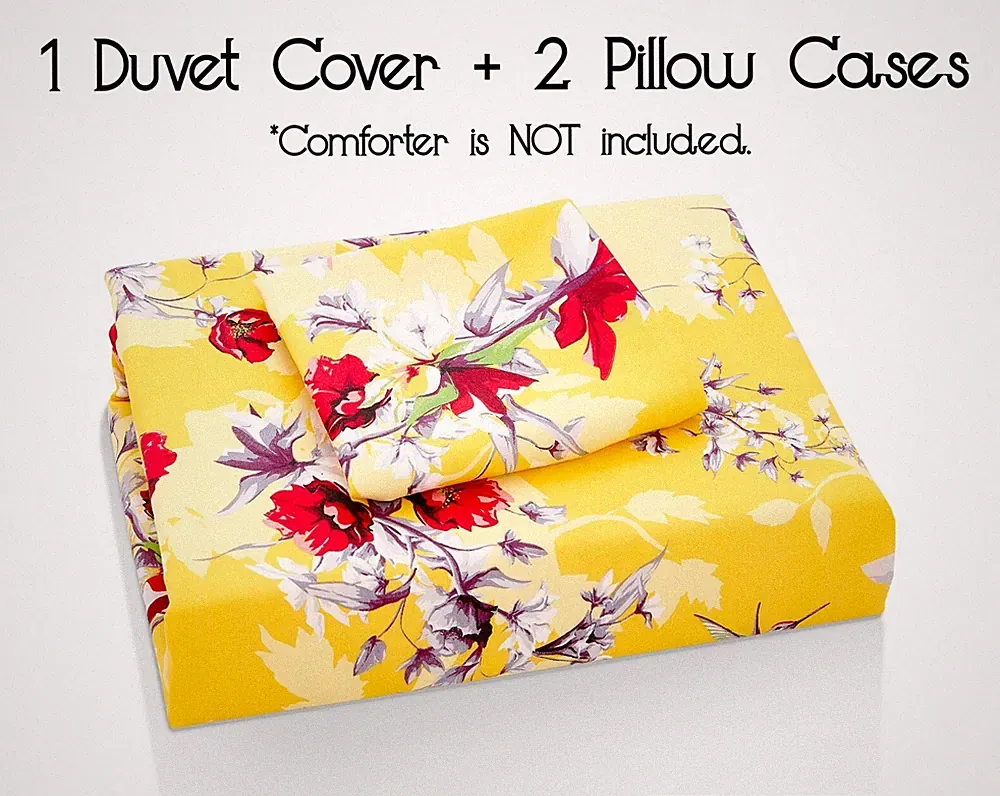 DaDa Bedding Sunshine Yellow Hummingbirds Floral Duvet Cover Set w/ Pillow Cases