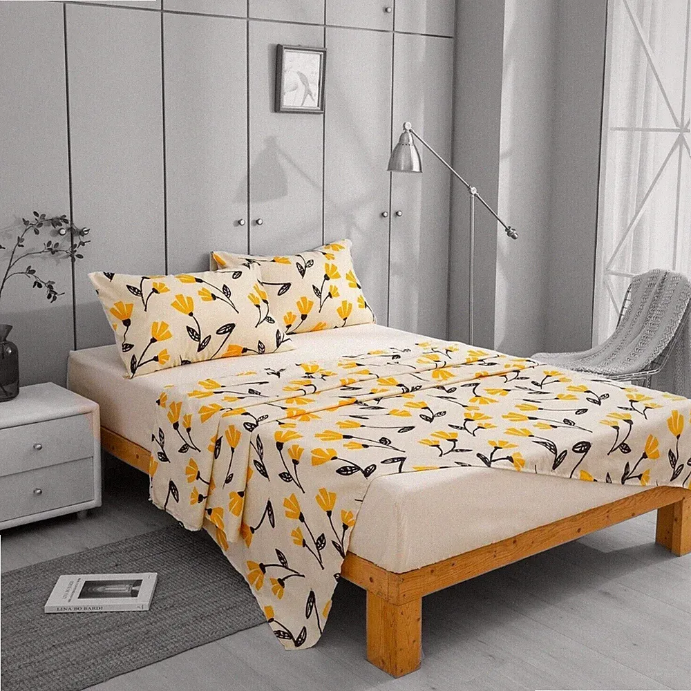 DaDa Bedding Yellow Fleur Orange Floral Daffodil Fitted & Flat Bed Sheets Set