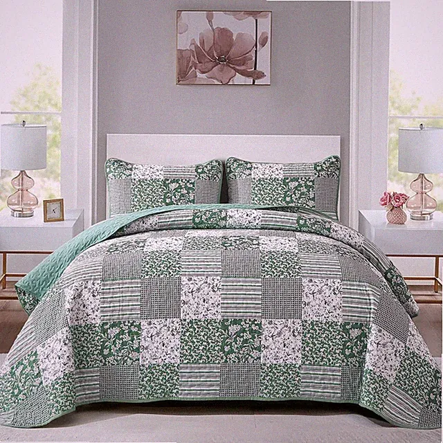 Floral Plaid Patchwork Quilt Set Reversible Lightweight Microfiber Bedspread