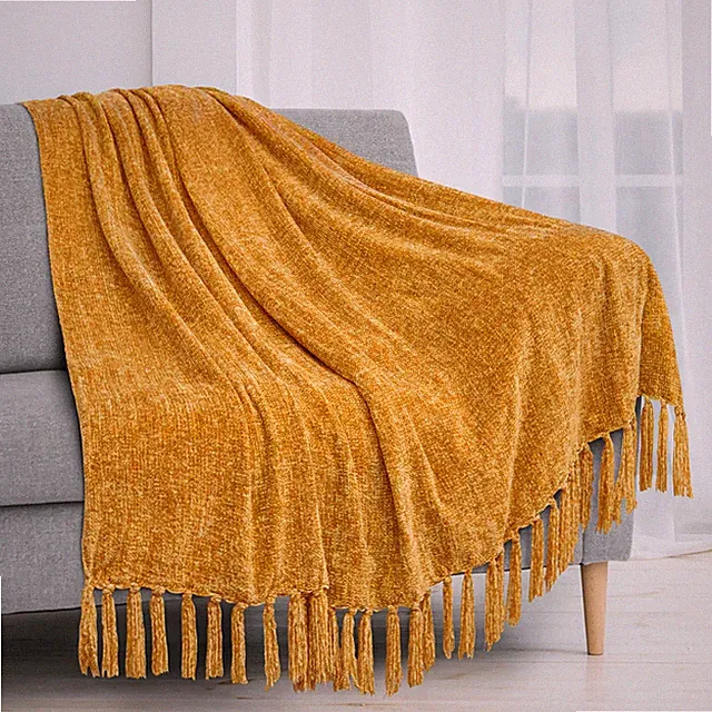 Fluffy Chenille Knitted Throw Blanket Decorative Fringe for Bed Sofa Couch Chair