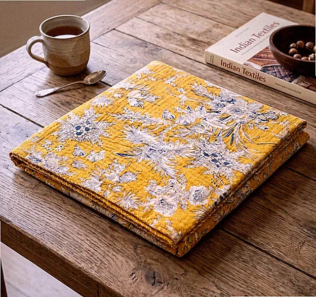 Indian Hand Block Print Handmade Cotton kantha quilt Yellow Queen Blanket Throw