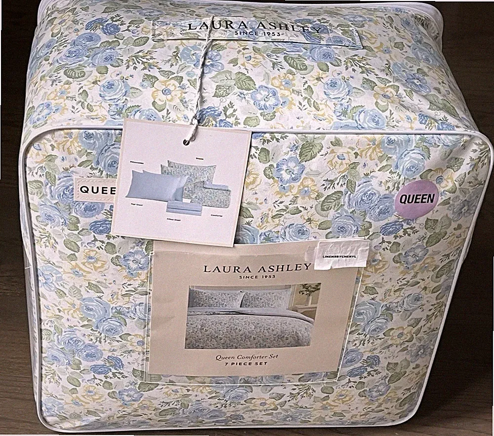 Laura Ashley Yellow & Blue Floral QUEEN 7pc Comforter Bedding SET