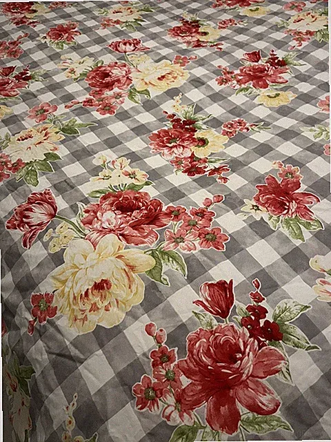 Martha Stewart Comforter FULL QUEEN Floral Plaid Reversible Red Yellow Roses