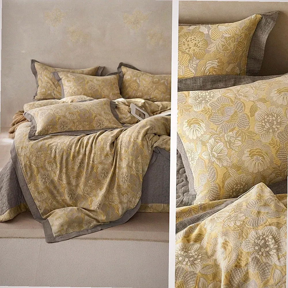 NEW Anthro Yellow Floral Jacquard Queen / King Cotton Bedding Duvet & Sham Set