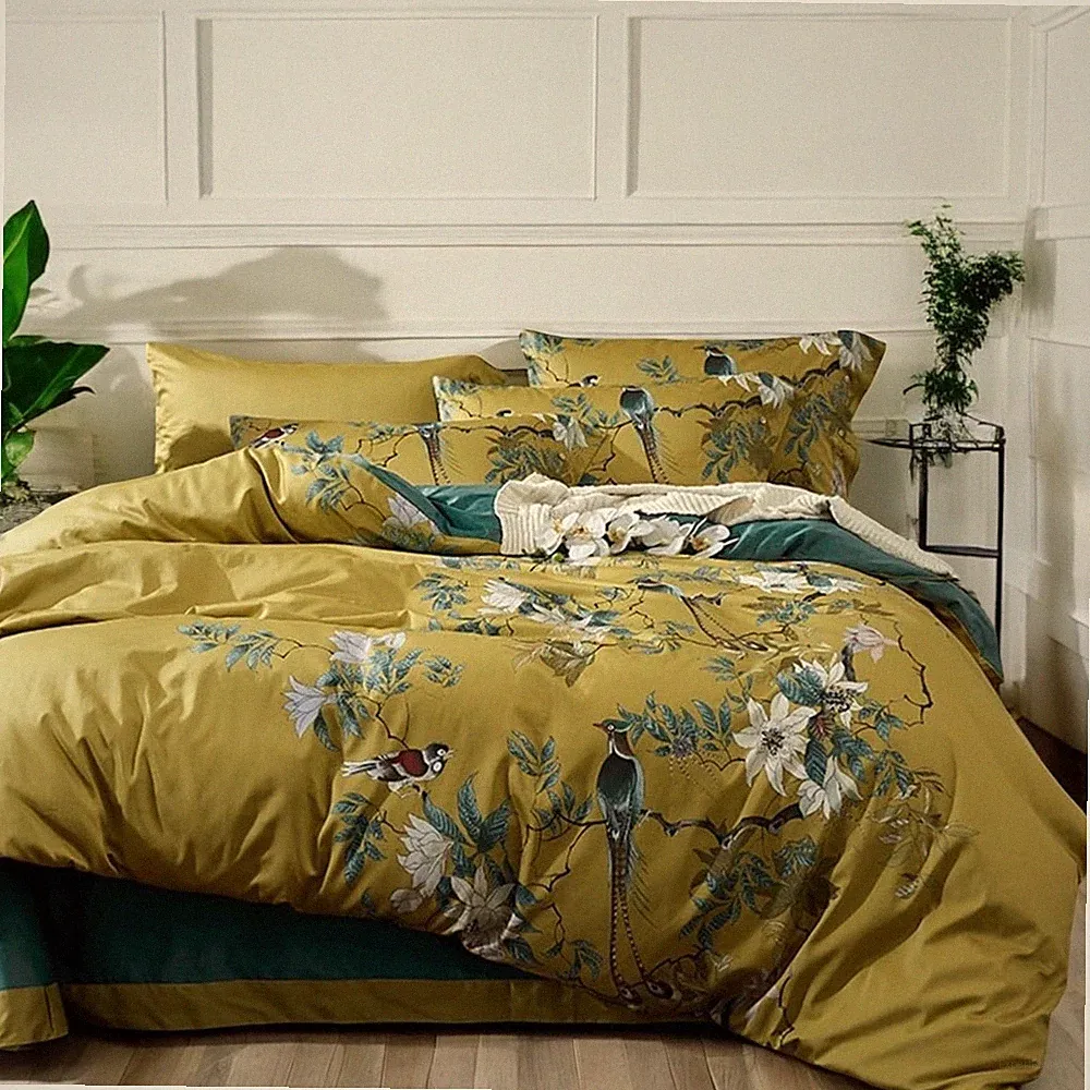 NEW Anthropologie Yellow Boho King Size Bird Bedding Duvet Floral Sham Case Set