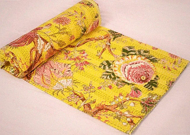Queen Yellow Rose Floral Print Summer Kantha Quilt Cotton Home D?cor Blanket
