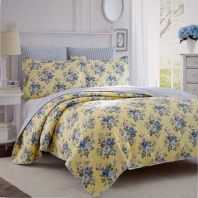 Quilt Set Queen Blue Flowers Yellow Base Cotton Pillow Sham Lightweight Bedding