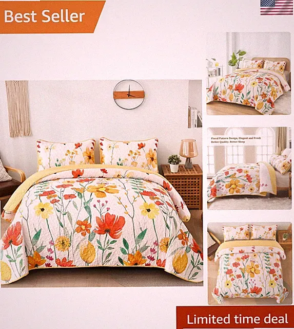 Quilt Set Queen Size, Yellow Floral Reversible Bedspread Soft Microfiber Ligh...