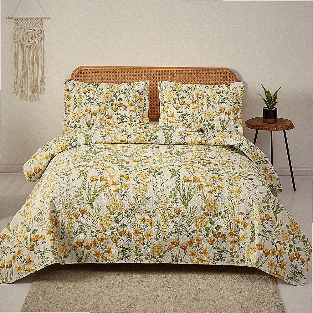 Summer Floral Quilt King Size Lightweight Yellow Green Blossom Bedspread Flowers