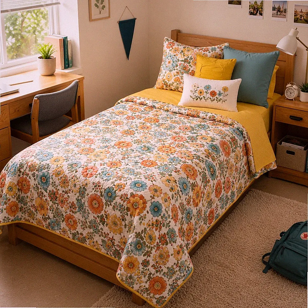 Sunshine Floral Twin XL Bedding Set w/ 3 Throw Pillows & Yellow Sheet Set