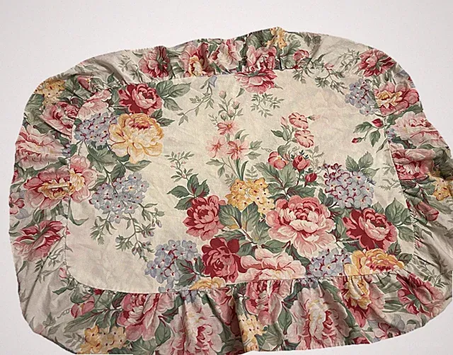 Vintage Pink Yellow Roses Bouquet Floral Pillow Sham Deep Ruffled Edge Cottage