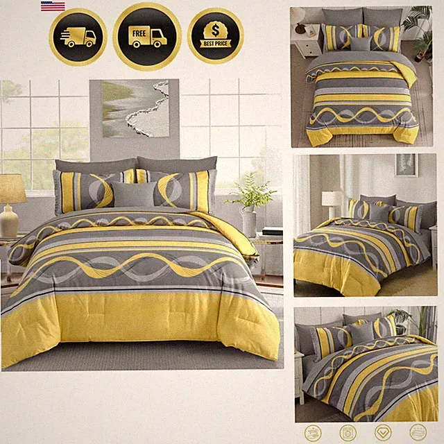 Yellow Comforter Set Queen Size,8 Pieces Bed in a Bag Patchwork Striped Beddi...